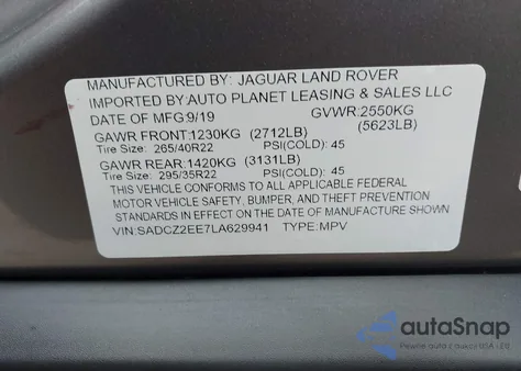 2020 Jaguar F-Pace Svr P550 Awd Automatic из США, поврежденный, VIN SADCZ2EE7LA629941